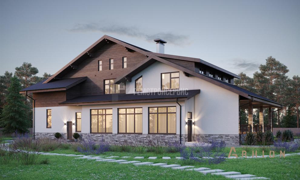 2. Проект одноэтажного дома в стиле шале с многоскатной кровлей, t-54-01, площадью - 508 кв c цокольным этажом, мансардой, сауной, терассой, балконом, бассейном